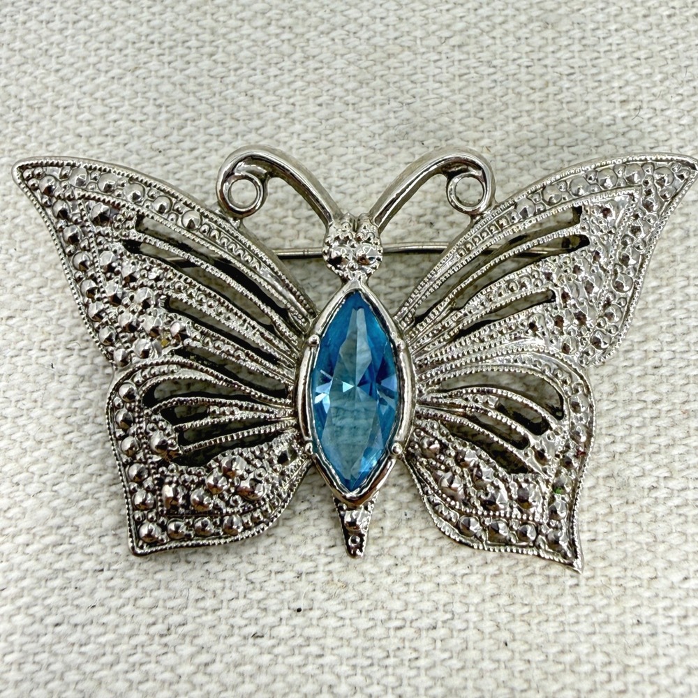 Vintage Silver Tone Blue Marquise Faux Topaz Butterfly Marcasite Style Brooch